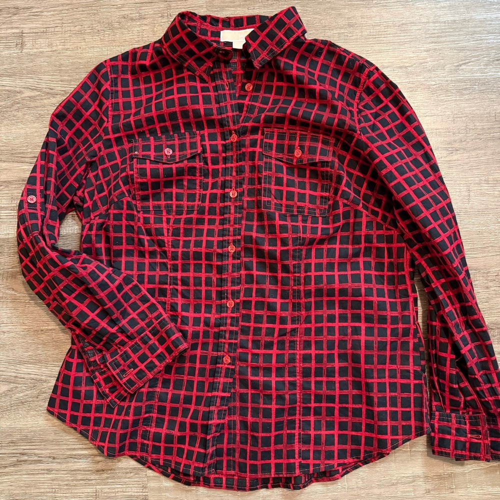Michael Kors Red Black Long Sleeve Button Up Blouse Size OX Large